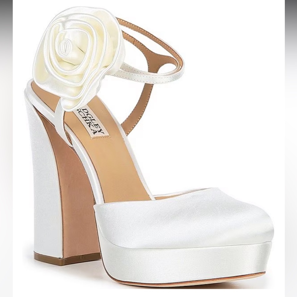 Badgley Mischka Janessa White Satin Floral Ankle Strap Pumps